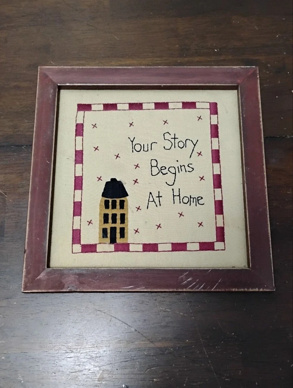 Your Story Begins At Home Stitched Picture 12x12 Wooden Frame Primitive Farmhous